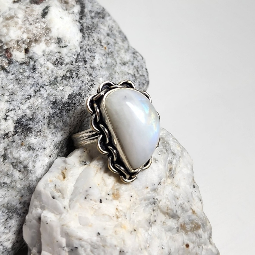 Rainbow Moonstone Ring Hand Crafted Moon Shaped S… - image 4
